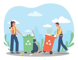 Street Cleaning Concept. Man And Woman Sorting Garbage. Caring For Environment And Reducing Emission Of Harmful Waste Into Atmosphere. Eco Activists And Volunteers. Cartoon Flat Vector Illustration