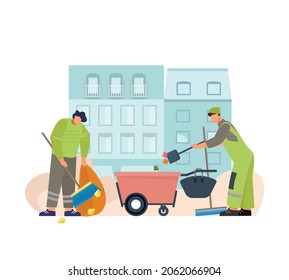 Street cleaning flat composition with city scenery and people cleaning pavement vector illustration