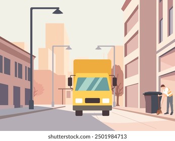 Street cleaning with machine. Truck collects garbage cans, ridding city of trash, uniformed janitor sweeps street, cityscape, scavengers service cartoon flat isolated vector concept