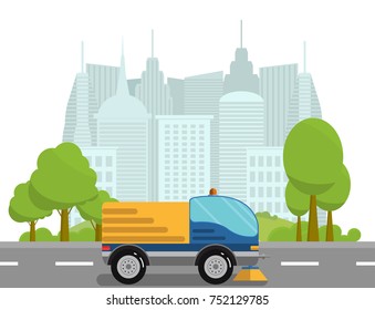 Street cleaning process. Sweeper car or machine for cleaning street. Road machinery cleans the road surface.