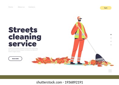 Street cleaning service concept of landing page with janitor in uniform sweeping yellow leaves with broom. Cartoon street cleaner worker. Flat vector illustration