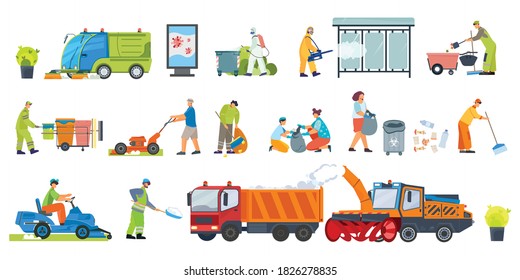 Street cleaning set with flat icons and isolated images of clearing vehicles and people with tools vector illustration