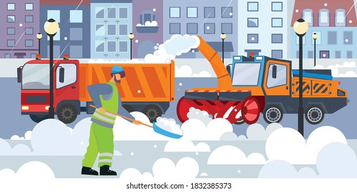 Street cleaning snow flat composition with outdoor view of winter city street with snow removal equipment vector illustration