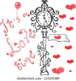 street clock and hearts valentines card background