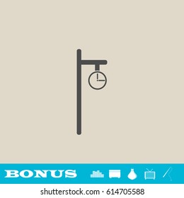 Street clock icon flat. Grey pictogram on light background. Vector illustration symbol and bonus button real estate, ottoman, vase, tv, fishing rod