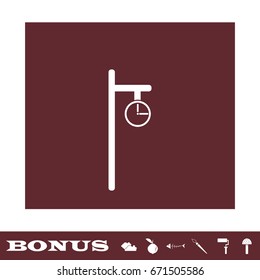 Street clock icon flat. White pictogram on brown background. Vector illustration symbol and bonus icons