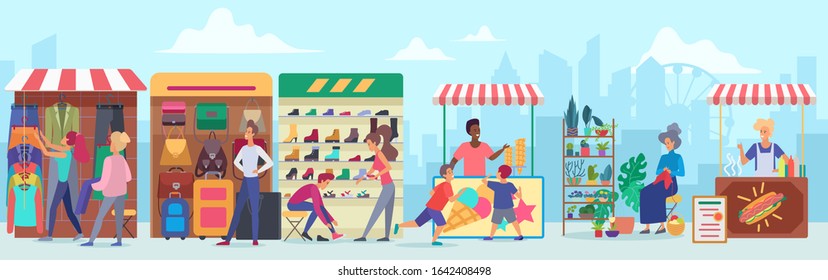 Street clothing and food market flat vector illustration. Cartoon characters buying apparel and accessories at sidewalk marketplace in megapolis. Cheerful vendors at stands. Cityscape background