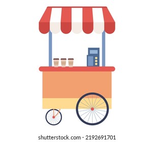 Street coffee cart with espresso machine and disposable cups. Fast food trolley concept. Vector flat illustration