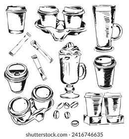 Street coffee in cups, coffee sticks, coffee beans, cafeteria coffee. Sketch, vector.