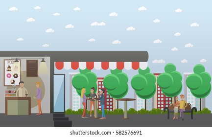 Street coffee and coffee to go concept vector illustration in flat style. People standing around the table, talking to each other and drinking coffee.