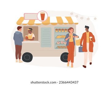 Ilustración vectorial de concepto aislado de café callejero. Servicio de café para ir, bebidas calientes en la calle, cafetería, estilo de vida de la ciudad, bebida para llevar, taza de papel desechable, concepto de vector capuchino.