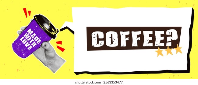 Street coffee in retro collage style. Hand with a halftone effect holds a paper cup of coffee against the background of a speech bubble with a coffee offer. Trendy paper cutouts of Y2K aesthetics.