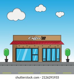 Street coffee shop with beautiful scenery background. Flat design concept. Vector illustration