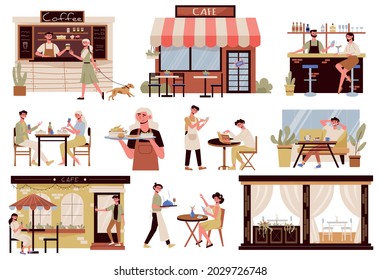 Street coffee shop eatery bar counter waitress brings hot food flat vector illustration