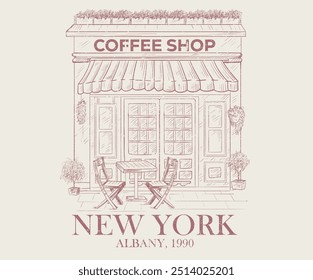 Street coffee shop, Hand sketch cafe building design. Vector sketch illustration of new york city restaurant. 