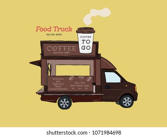 Street coffee van. Fast delivery food truck. hand draw design vector illustration