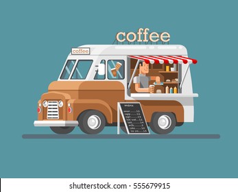 Street coffee van. Fast delivery. 3d design vector illustration 