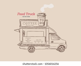 Street coffee van. food truck hand draw design vector illustration
