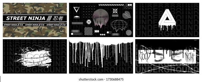 Street Collection Illustration. Black And White Crime Shapes And Elements For Merch, Print T Shirt, Poster, Banner And Flyers. Monochrome Brutalism Elements. Vector. Japanese Inscriptions - Ninja