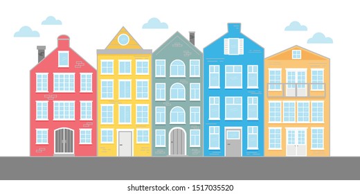 Street with colored houses. Flat Vector illustration. Old houses in the Dutch style.