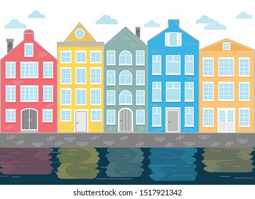 Street with colored houses. Flat Vector illustration. Old houses in the Dutch style. Canal houses in the Netherlands.