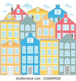 Street with colored houses. Flat Vector illustration. Old houses in the Dutch style. Buildings in the Netherlands.