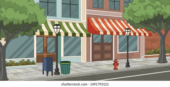 Street of a colorful city with shops