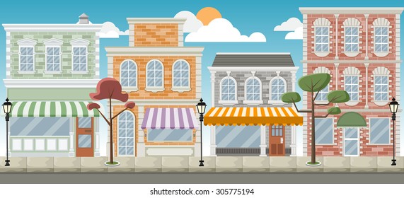 Street of a colorful city with shops