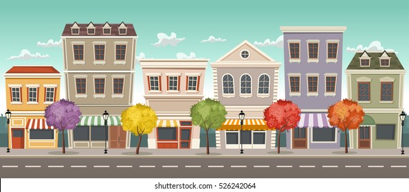 Street of a colorful city with shops
