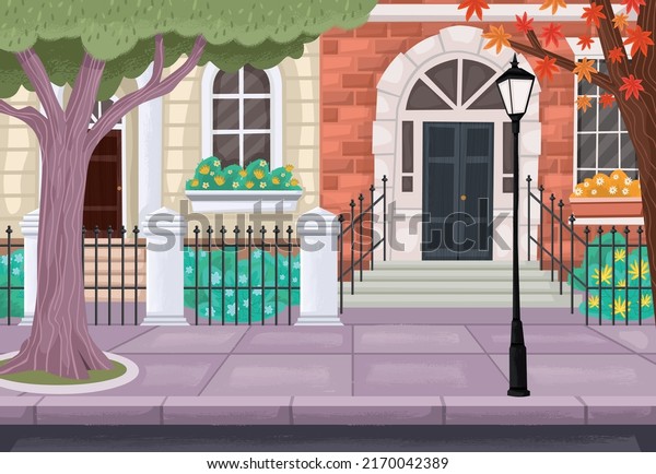 Street\
of a colorful city with trees. Cartoon\
sidewalk.