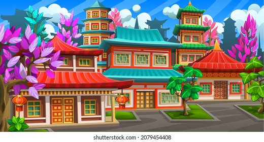 A street with colorful houses, pagodas, surrounded by blossoming sakura. The historical part of the Asian city with national architecture. 