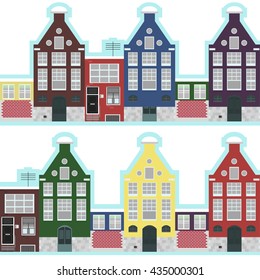 Street with colorful houses. Seamless pattern. European style architecture. White background