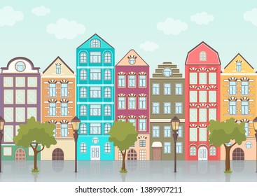 Street with colorful houses, trees and lanterns, horizontal seamless border, urban landscape, city background. Multicolored houses in row with blue sky and clouds, flat drawing, vector illustration