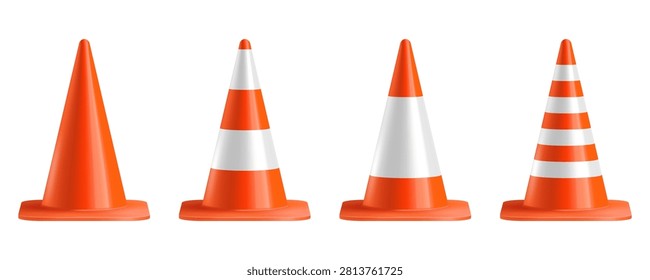 Street cones with variations of stripe marking. Vector realistic temporary traffic markers collection. Elements of construction zones to mark hazards, indicate lane closures or create safe pathways
