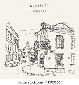 Street Corner In Budapest City, Hungary, Europe. Architectural Hand Drawing. Travel Sketch. Book Illustration. Vintage Touristic Postcard, Poster Template In Vector