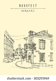 Street corner in Budapest, Hungary, Europe. Artistic illustration. Hand drawn travel sketch. Houses, windows, balcony, roof, curb, street sign, cars. Postcard, poster, Budapest, Hungary hand lettering