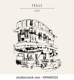 Street corner, local restaurant in old French part of Pakse, Laos, Southeast Asia. Travel sketch. Vintage hand drawn touristic postcard in vector