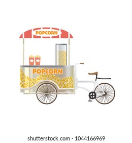 Street counter, stall, sale of fresh air pop corn wool and other sweets. A firm counter under a canopy, on wheels, with tasty food, for children and adults. Vector illustration isolated.