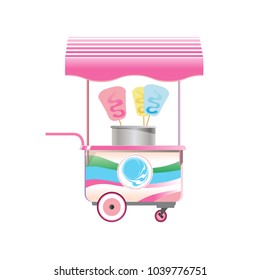 Street counter, stall, sale of sweet cotton wool and other sweets. A firm counter under a canopy, on wheels, with tasty food, for children and adults. Vector illustration isolated.