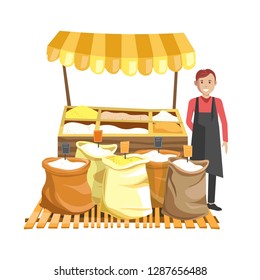 Street counter with tent full of cereals in sacks and seller in black apron. Natural organic products on market and friendly man isolated cartoon flat vector illustration on white background.