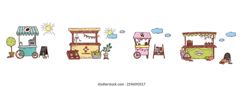 Street counters. Local market Hand drawn cute vector set with nice elements. Vector illustration