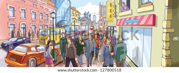 Street Crowd. A lot of people are going by the\
crowded city street. - each of the main characters and the\
background are placed on a different\
layers.