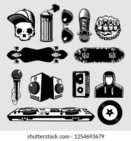 Street culture icons set. Hip-hop and rap signs collection on isolated background.