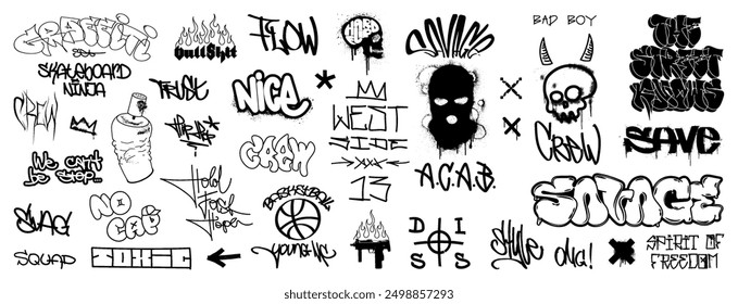 Street culture lettering, graffiti, tags with spray effect. Black and white graffiti, urban calligraphy, gang tags, symbols, signs with spray effect. Vector street underground, hip hop culture graphic