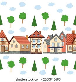 Street with cute houses seamless pattern. Village or city, neat cozy home.