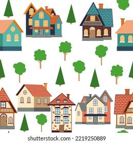 Street with cute houses seamless pattern. Village or city, neat cozy home.