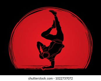 Street dance, B boys dance, Dancing action designed on sunset background graphic vector