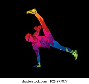 Street dance, B boys dance, Hip Hop Dancing action designed using colorful graffiti graphic vector