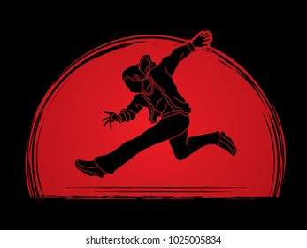 Street dance, B boys dance, Hip Hop Dancing action designed on sunset background graphic vector