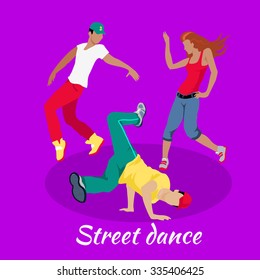 Street Dance Concept Flat Design. Hip Hop And Break, Urban And Zumba, Art And Dancer, Culture And Entertainment, Event Fashion, Girl And Man Modern Illustration